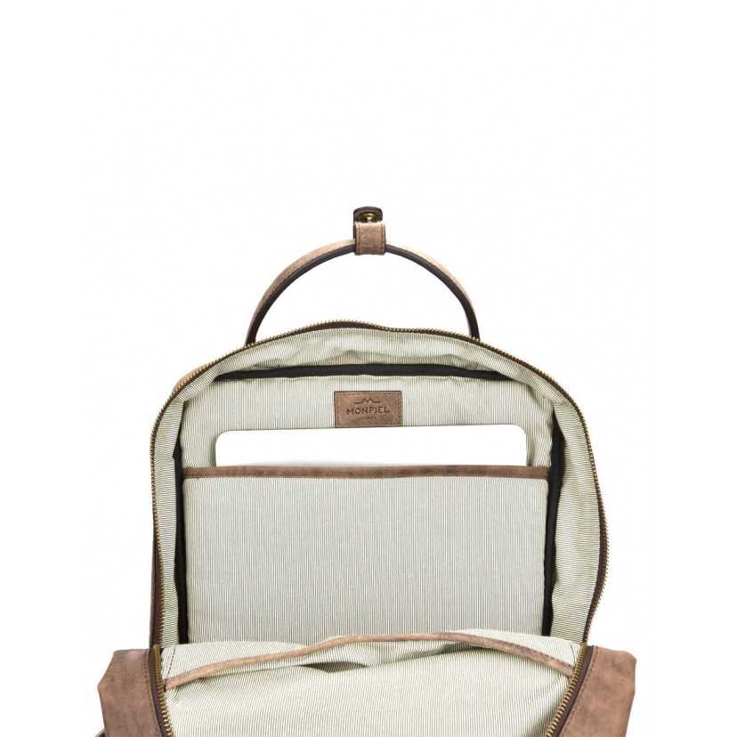 Brown leather backpack with interior detail and a laptop compartment against a white background - MONPIEL