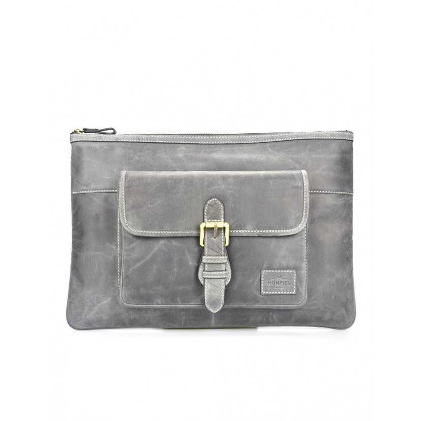 Blue leather laptop sleeve, front view, on a white background - MONPIEL
