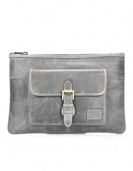 Housse d’ordinateur portable en cuir bleu avec vue de face sur fond blanc - MONPIEL