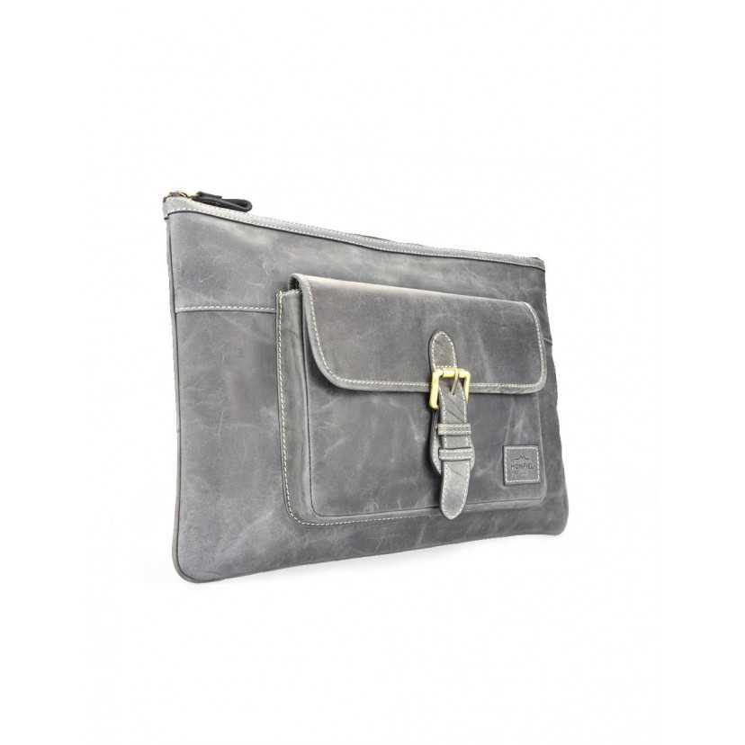 Blue leather laptop sleeve, perspective view, on a white background - MONPIEL