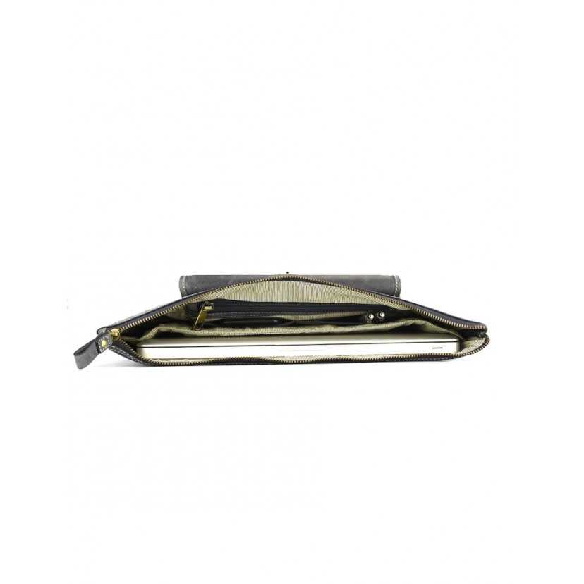 Blue leather laptop sleeve, top view, open with a computer inside, on a white background - MONPIEL