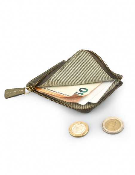 Men's green leather zippered cardholder, perspective view with zipper open on white background - MONPIEL
