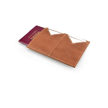 Men's green leather passport holder open with passport detail on top on white background - MONPIEL 2