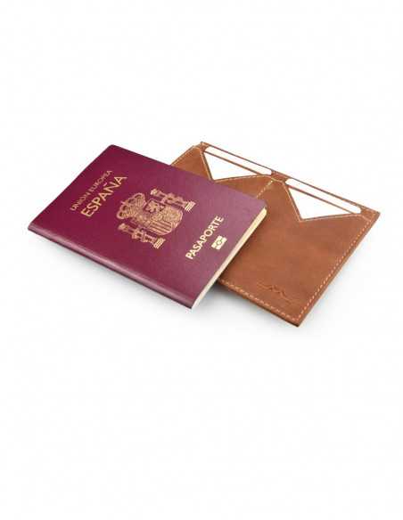 Men’s Havana leather passport holder, open, with a passport on top, on a white background - MONPIEL Men’s Havana leather passport holder, open, with a passport on top, on a white background - MONPIEL