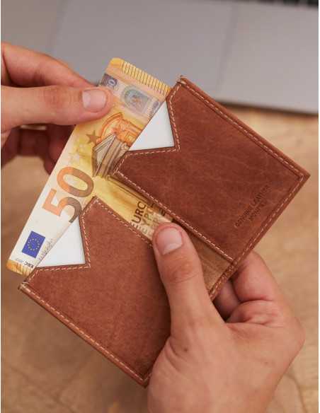 Herren-Geldbörse aus havannafarbenem Leder, schlankes Format mit Innenfächern - MONPIEL