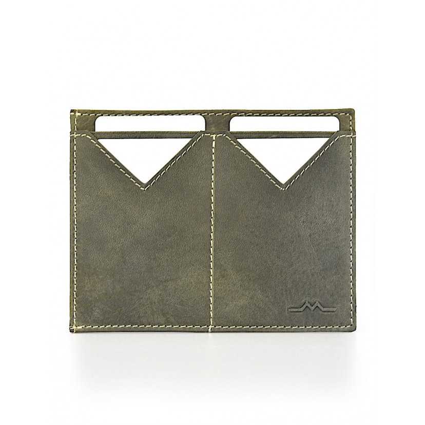 Men’s green leather passport holder, open, front view, on a white background - MONPIEL