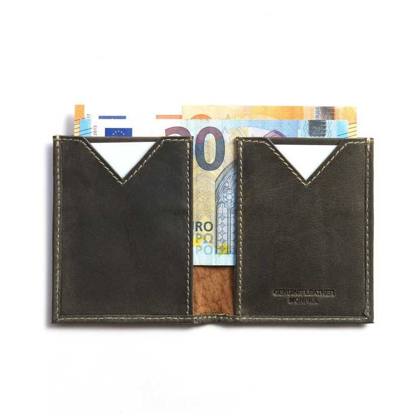 Interior of a green leather wallet for men, open with slots, on a white background - MONPIEL