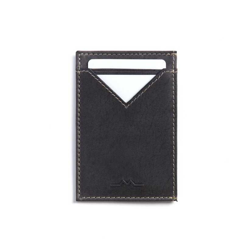 Men’s blue leather cardholder, front view, with card slots detail, on a white background - MONPIEL