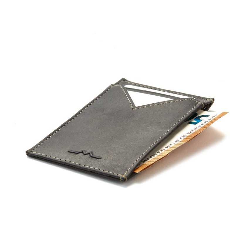 Men’s blue leather cardholder, perspective view, with interior bill detail, on a white background - MONPIEL
