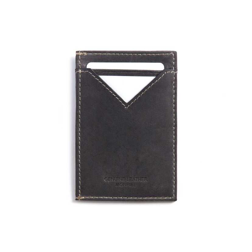 Men’s blue leather cardholder, rear view, with card slot detail, on a white background - MONPIEL