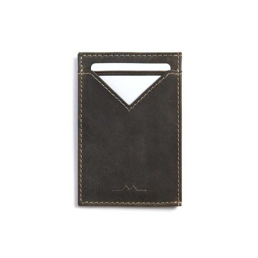Men’s green leather cardholder, front view, with card slot detail, on a white background - MONPIEL