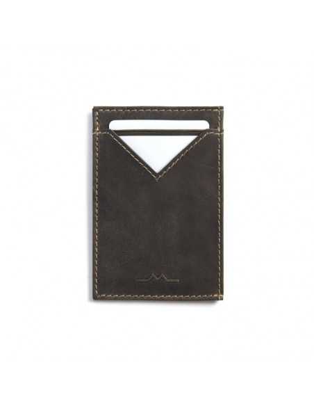 Porta-cartões masculino de couro verde com vista frontal e detalhe do compartimento para cartões sobre fundo branco - MONPIEL