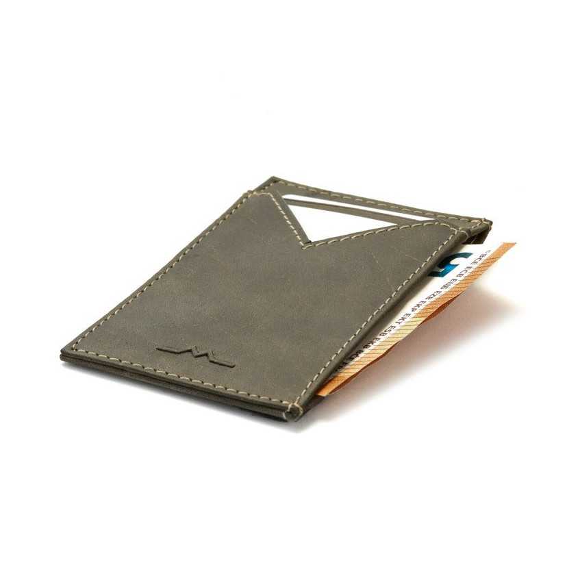 Men’s green leather cardholder, perspective view, with interior bill detail, on a white background - MONPIEL