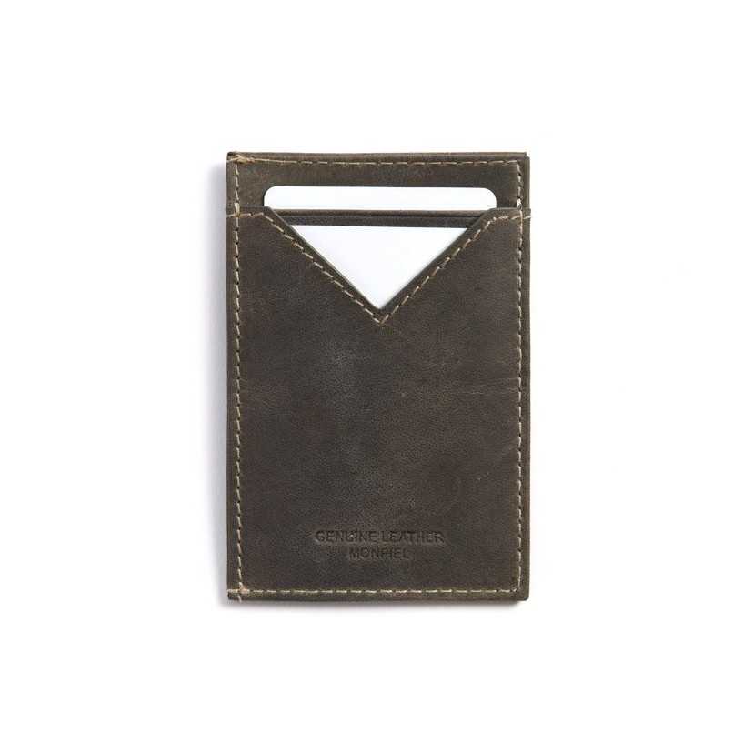Men’s green leather cardholder, rear view, with card slot detail, on a white background - MONPIEL