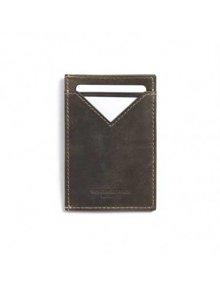 Men’s green leather cardholder, rear view, with card slot detail, on a white background - MONPIEL