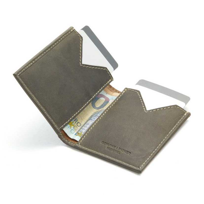 Men’s green leather wallet, open, with card slots, on a white background - MONPIEL