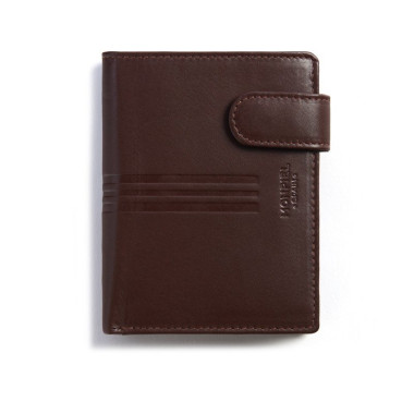 Wallet with clasp and coin pocket, brown leather, front view on a white background - MONPIEL 2