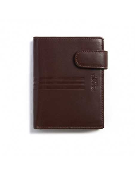 Portefeuille en cuir marron avec bouton-pression et porte-monnaie, vue de face sur fond blanc - MONPIEL