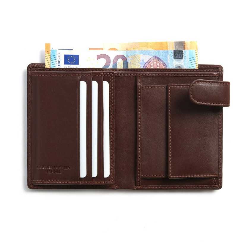 Wallet with clasp and coin pocket in brown leather, open, showing slots and billfold, on a white background - MONPIEL