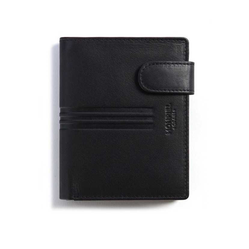 Wallet with clasp and coin pocket in black leather, closed, front view on a white background - MONPIEL