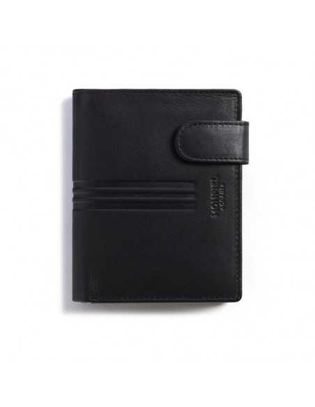 Wallet with clasp and coin pocket in black leather, closed, front view on a white background - MONPIEL Wallet with clasp and coin pocket in black leather, closed, front view on a white background - MONPIEL