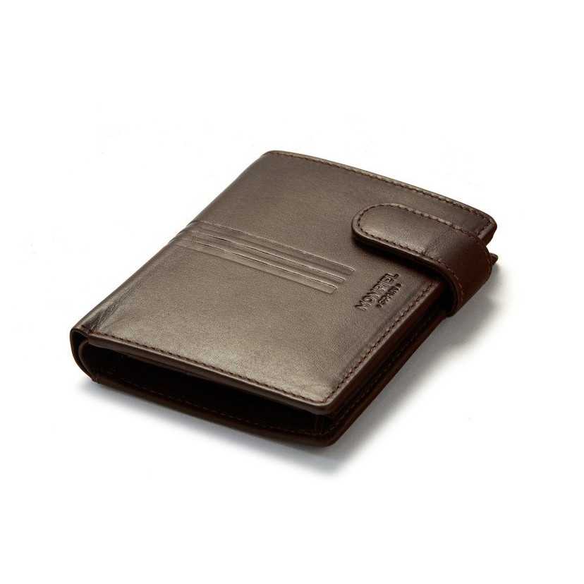 Wallet with clasp and coin pocket in brown leather, perspective view, on a white background - MONPIEL