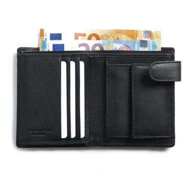 Portefeuille en cuir marron avec bouton-pression et porte-monnaie, vue de face sur fond blanc - MONPIEL 2