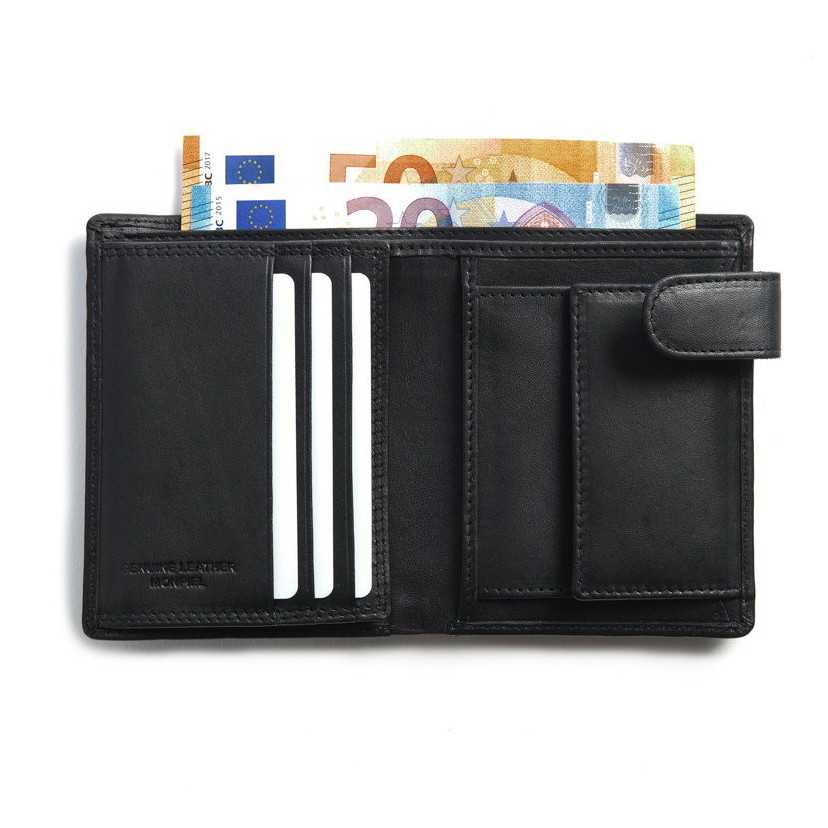 Wallet with clasp and coin pocket in black leather, open, showing slots and bills, on a white background - MONPIEL