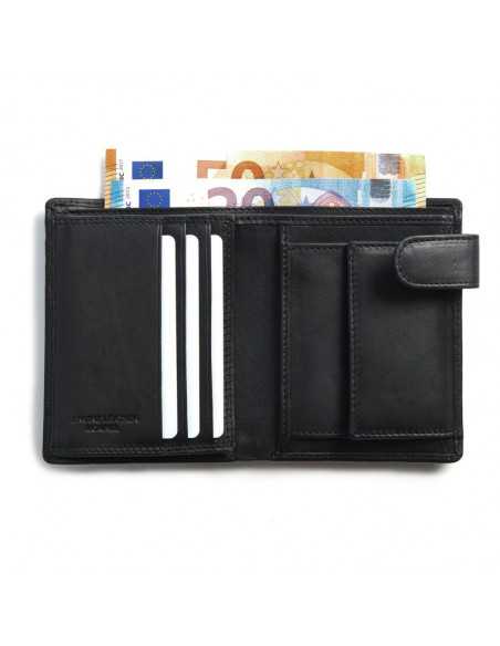 Portefeuille en cuir noir avec bouton-pression et porte-monnaie, ouvert avec détail des fentes et des billets sur fond - MONPIEL