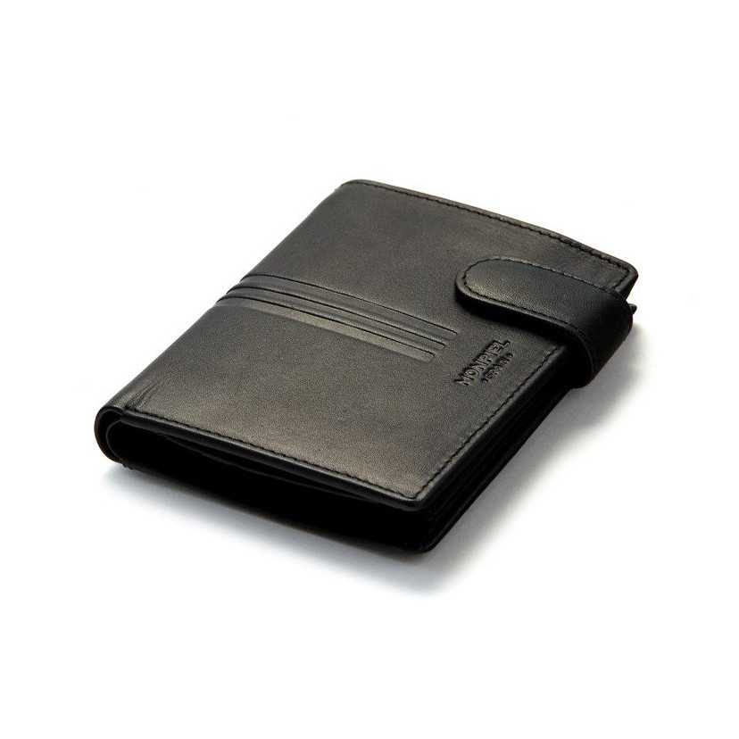 Wallet with clasp and coin pocket in black leather, perspective view, on a white background - MONPIEL