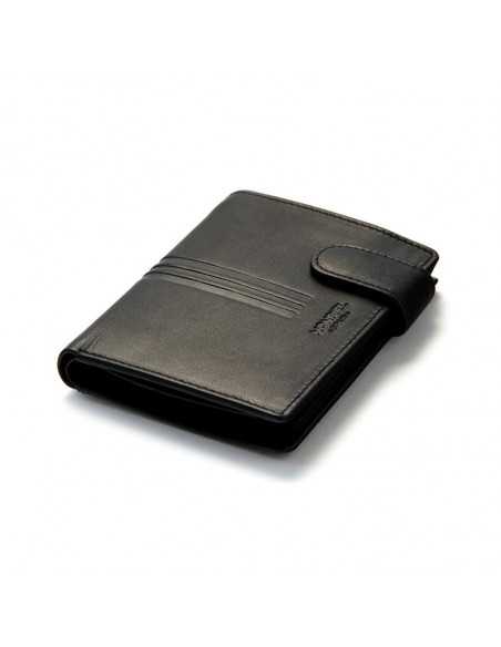 Cartera con broche y monedero de piel en color negro con vista en perspectiva sobre fondo blanco - MONPIEL Cartera con broche y monedero de piel en color negro con vista en perspectiva sobre fondo blanco - MONPIEL