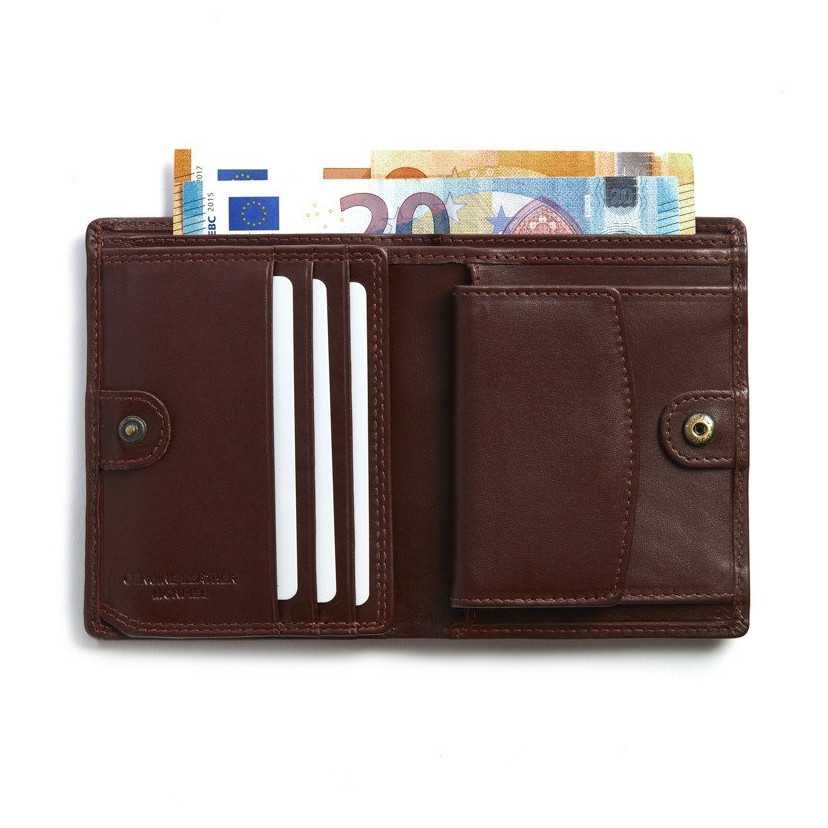 Brown leather wallet with inner clasp, open, showing slots and bills, on a white background - MONPIEL