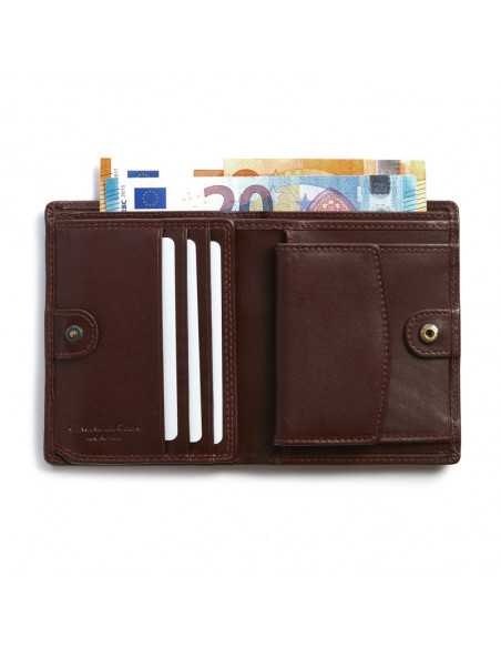 Brown leather wallet with interior snap, open with slot and bill detail on white background - MONPIEL