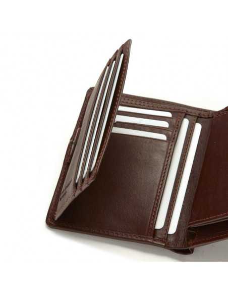 Brown leather wallet with internal clasp, close-up of slot details, on a white background - MONPIEL