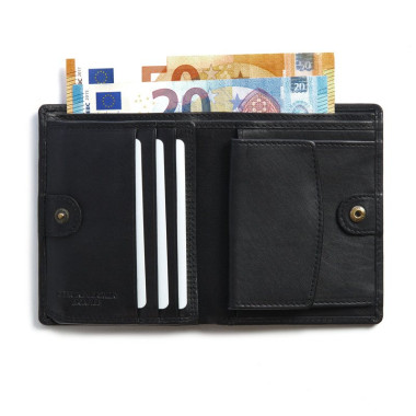 Schwarze Lederbrieftasche mit innerem Druckknopf, Frontansicht vor weißem Hintergrund - MONPIEL 2