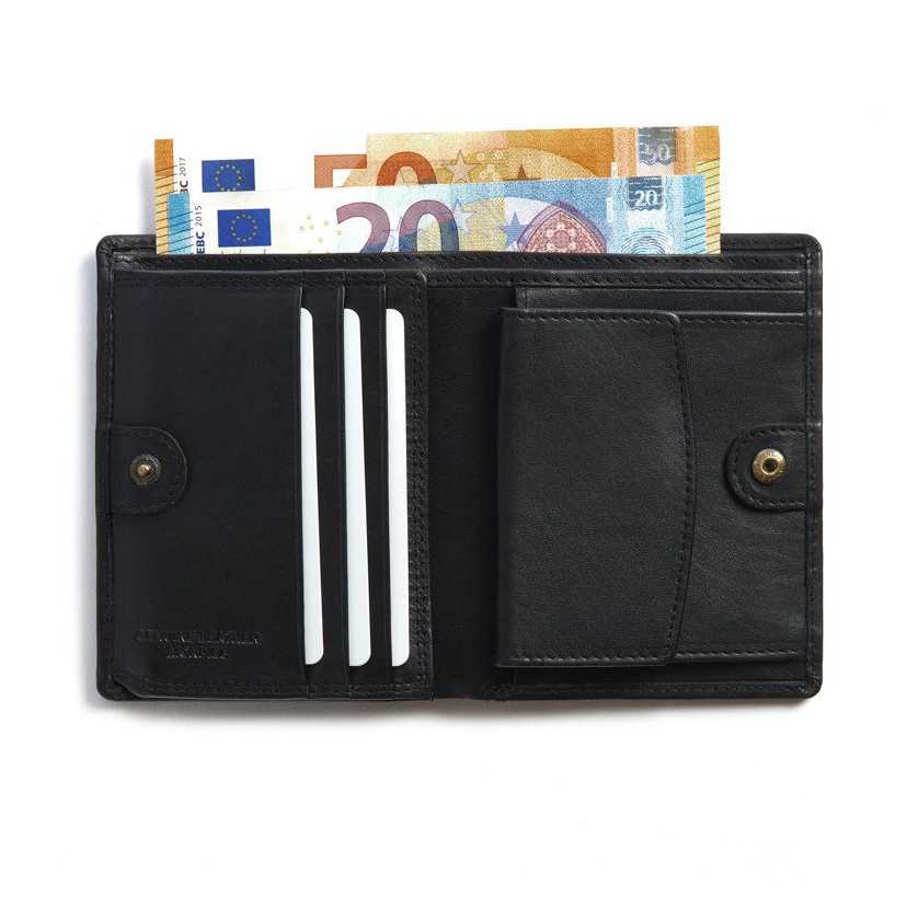 Black leather wallet with internal clasp, open, showing slots and bills, on a white background - MONPIEL