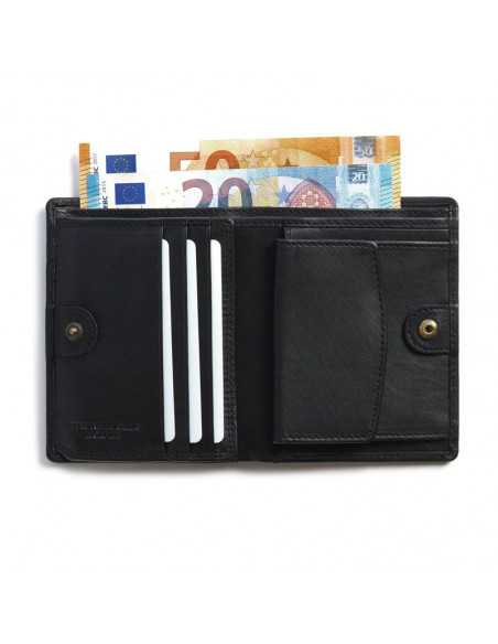 Black leather wallet with interior snap, open with slot and bill detail on white background - MONPIEL