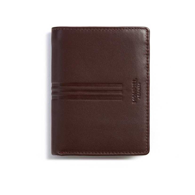 Vertical brown leather wallet with interior coin pocket, front view, on a white background - MONPIEL