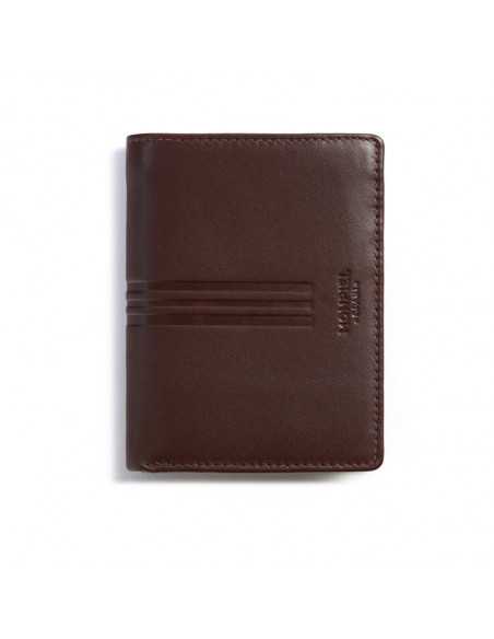 Brown vertical leather wallet with interior coin pocket, front view on white background - MONPIEL