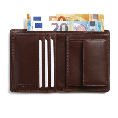 Vertical brown leather wallet with interior coin pocket, front view, on a white background - MONPIEL 2