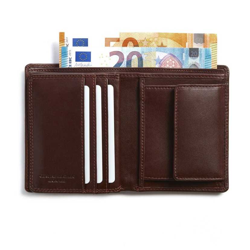 Brown leather wallet with interior coin pocket, open, showing slots and bills, on a white background - MONPIEL
