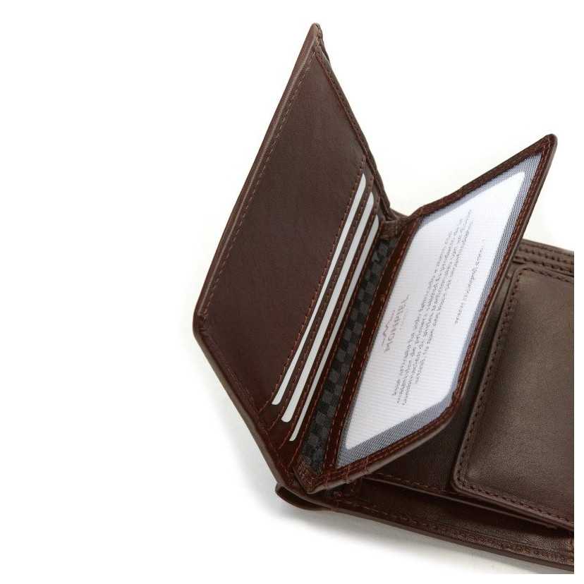 Brown leather wallet with interior coin pocket, close-up detail, on a white background - MONPIEL