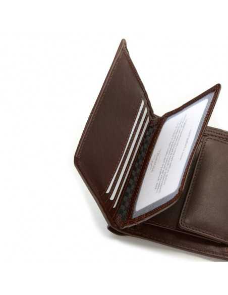 Brown leather wallet with interior coin pocket, close-up detail on white background - MONPIEL