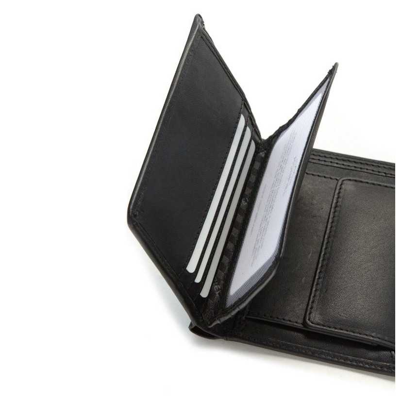 Black leather wallet with interior coin pocket, close-up detail, on a white background - MONPIEL