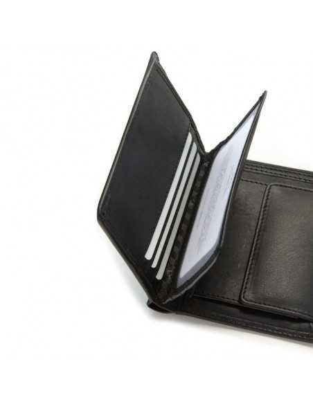 Black leather wallet with interior coin pocket, close-up detail on white background - MONPIEL Black leather wallet with interior coin pocket, close-up detail on white background - MONPIEL