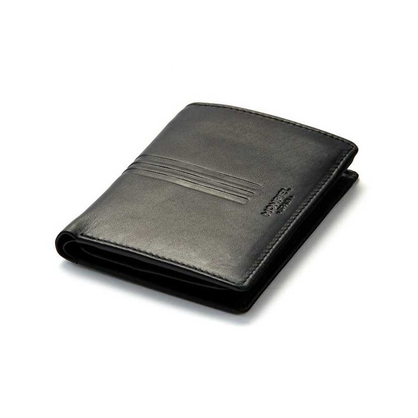 Black leather wallet with interior coin pocket, perspective view, on a white background - MONPIEL