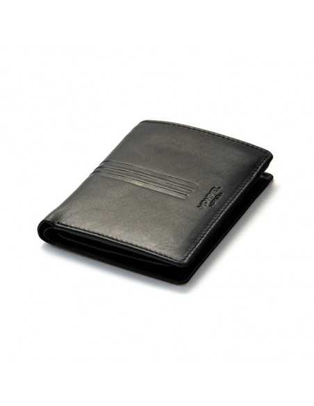 Black leather wallet with interior coin pocket, perspective view on white background - MONPIEL Black leather wallet with interior coin pocket, perspective view on white background - MONPIEL