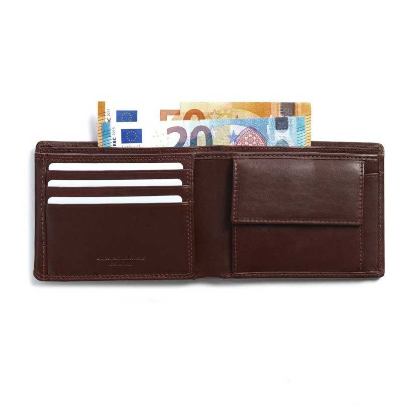Brown leather American-style wallet, open, with card slots and coin pocket details, on a white background - MONPIEL