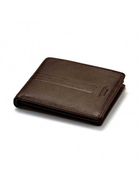 Brown leather bifold wallet, perspective view on white background - MONPIEL