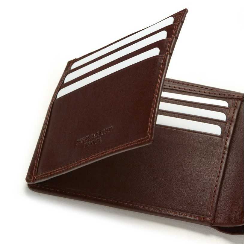 Brown leather American-style wallet, close-up of card slots, on a white background - MONPIEL